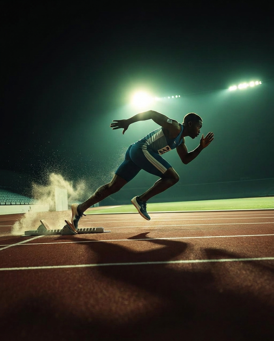 Sprinter exploding out of starting blocks under stadium lights