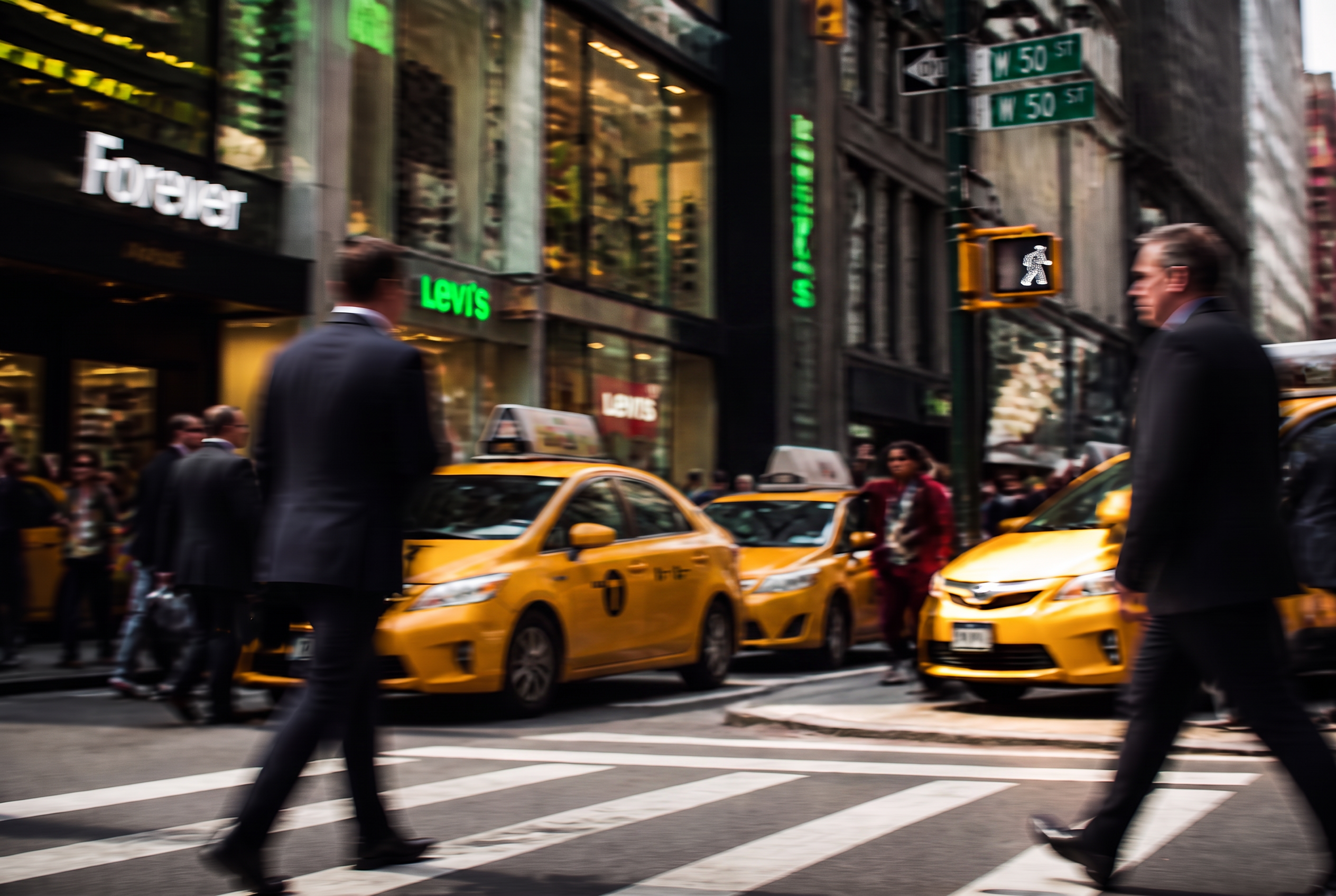 Busy Manhattan crossing in daylight with yellow cabs in motion
