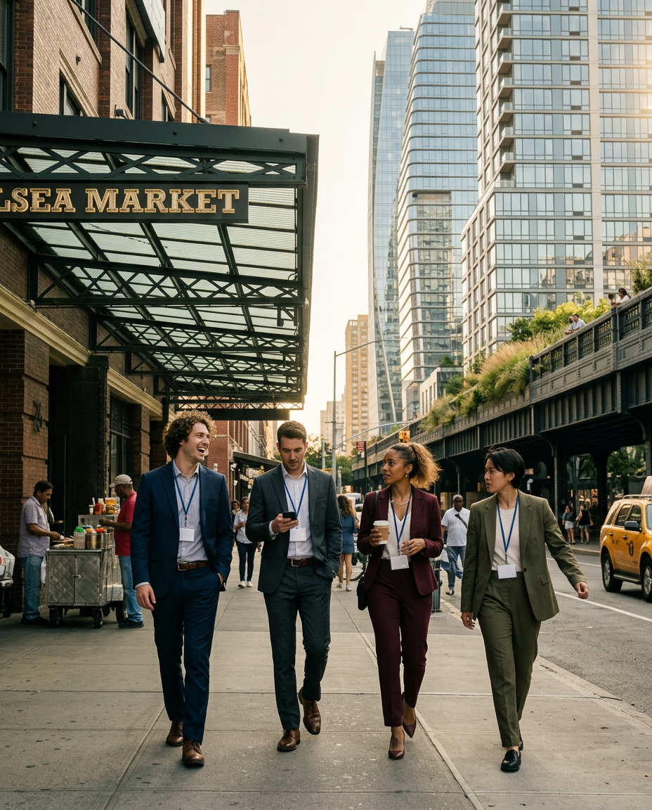 Young professionals walking with purpose through a New York business district
